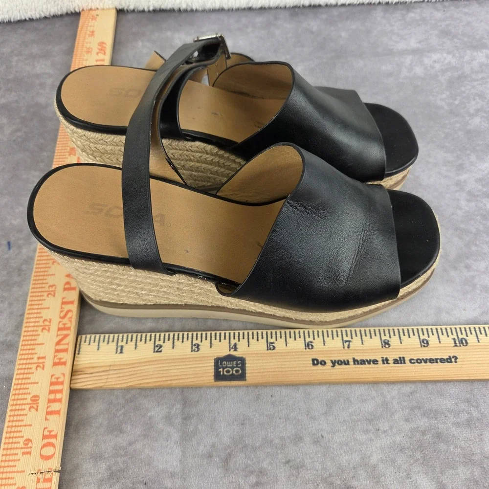 Soda Womens Black Faux Leather Espadrille Wedge Platform Sandals Buckle Strap
